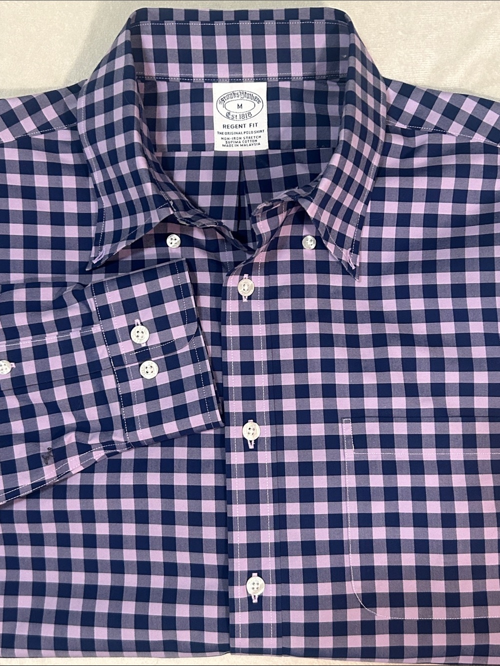 Brooks Brothers Regent Dress Shirt Mens Medium M Gingham Non Iron Navy Lavender